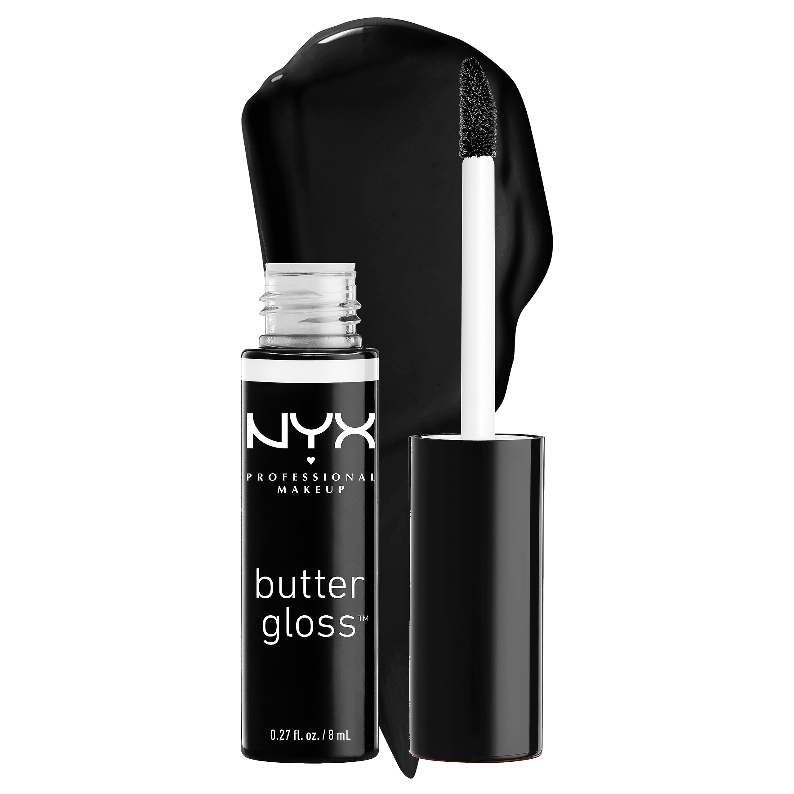 NYX Butter Gloss Licorice Black close-up with a smooth, non-sticky finish.