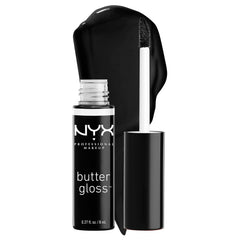 NYX Butter Gloss Licorice Black close-up with a smooth, non-sticky finish.