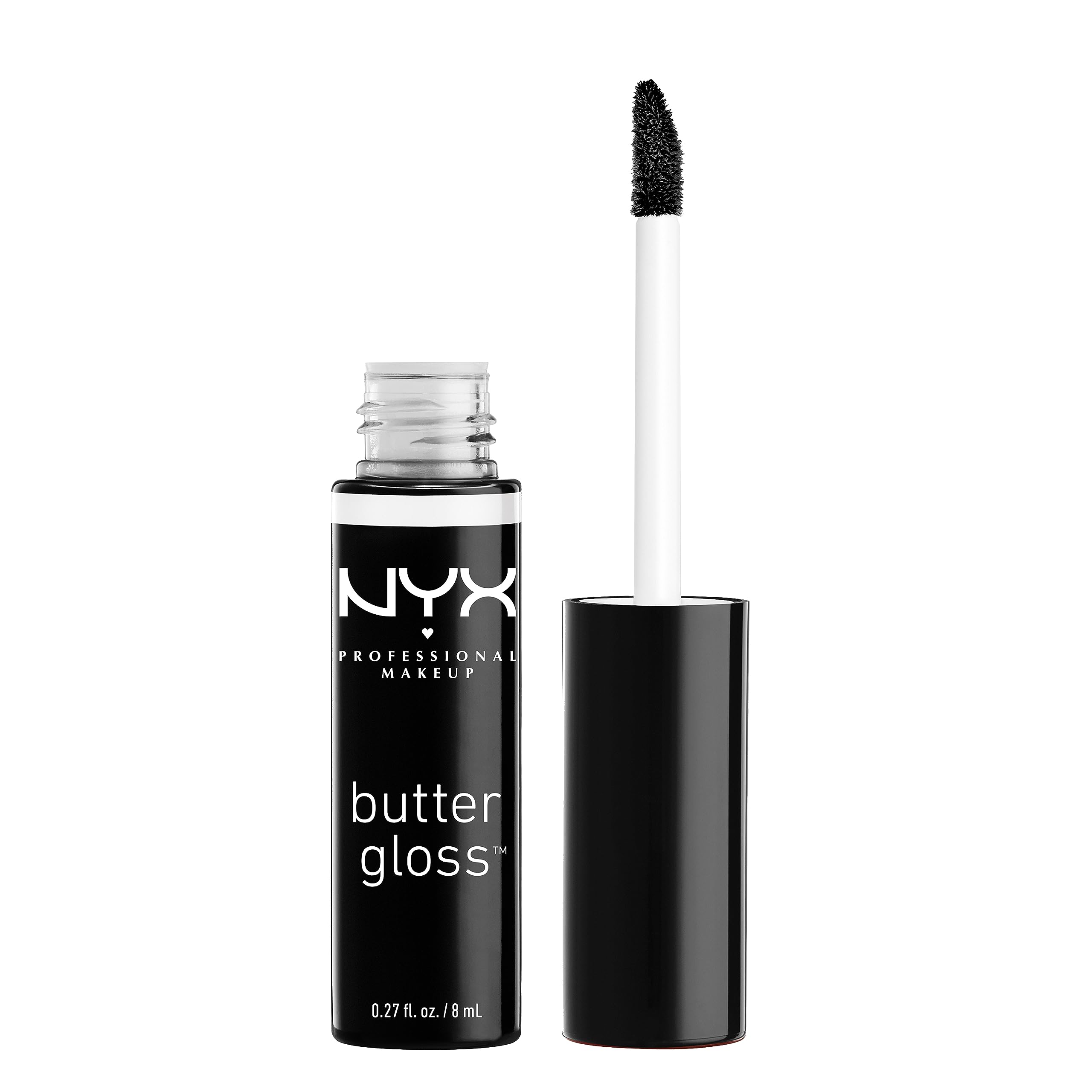 Product collage featuring NYX Butter Gloss Licorice Black and branding.