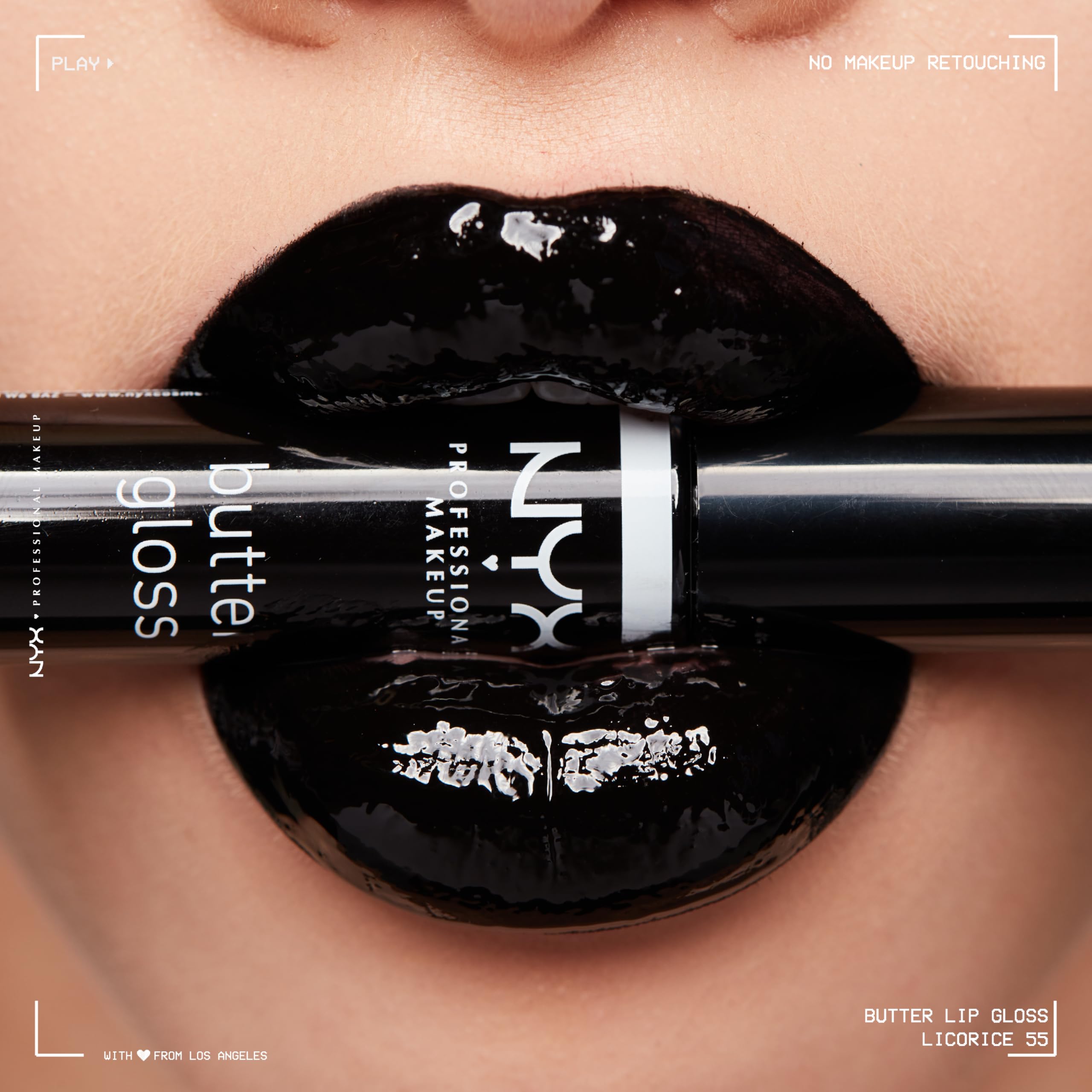 Packaging image of NYX Butter Gloss Licorice Black in a sleek tube.