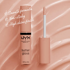 NYX Butter Gloss Madeleine swatch on skin for sheer to medium coverage.