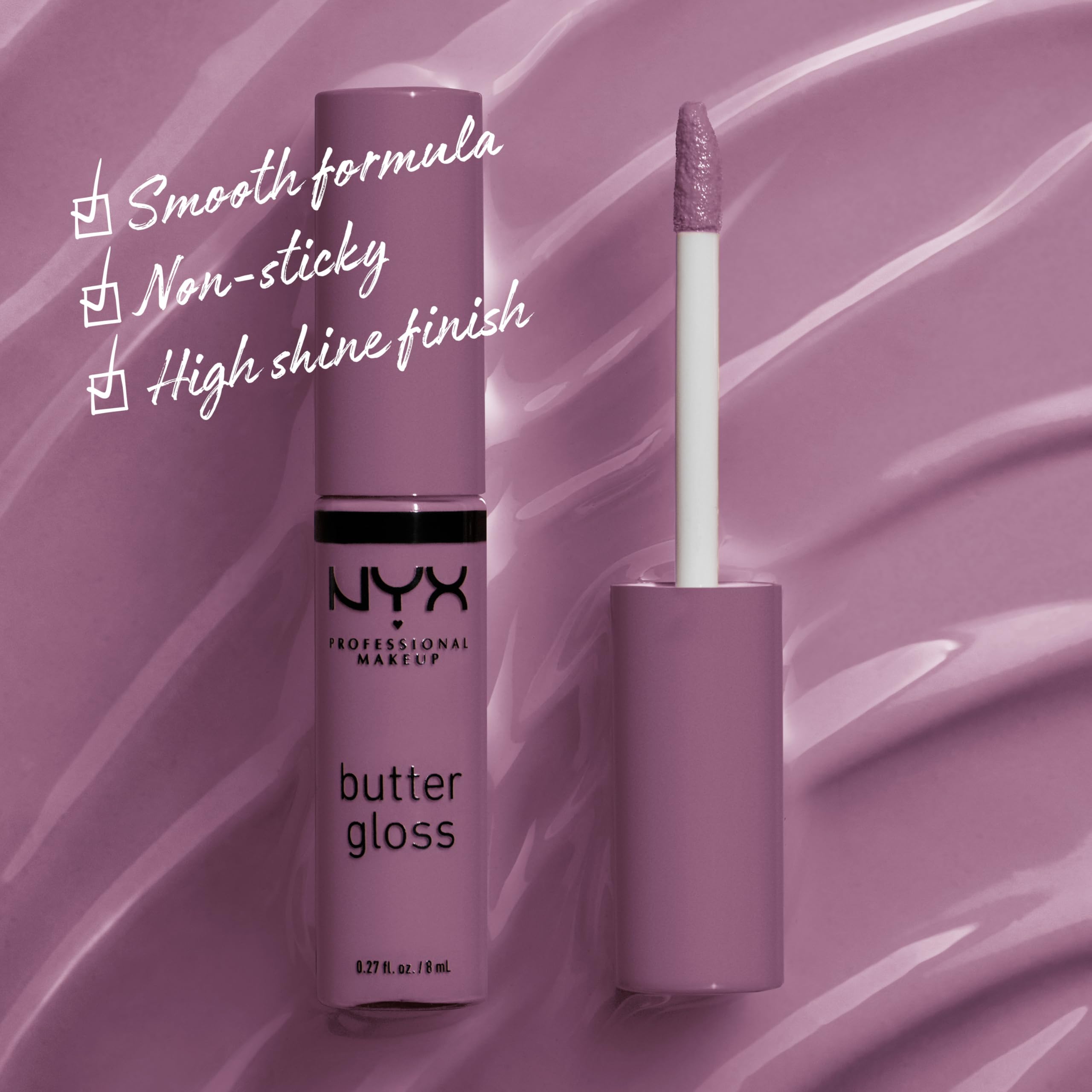 NYX Butter Gloss Marshmallow on lips adds non-sticky shine and kissable feel