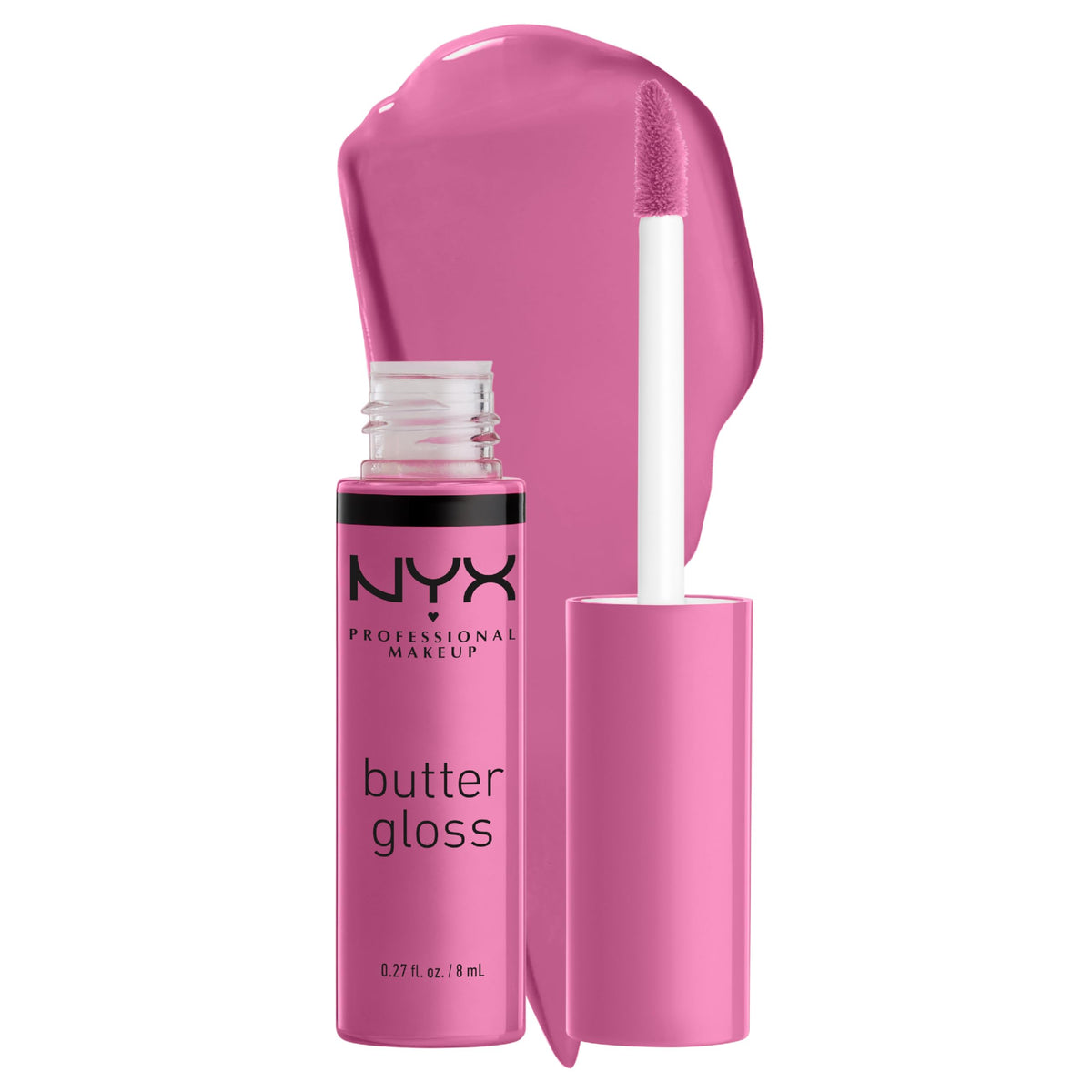 NYX Butter Gloss Merengue pink lilac bottle with soft, non-sticky shine.