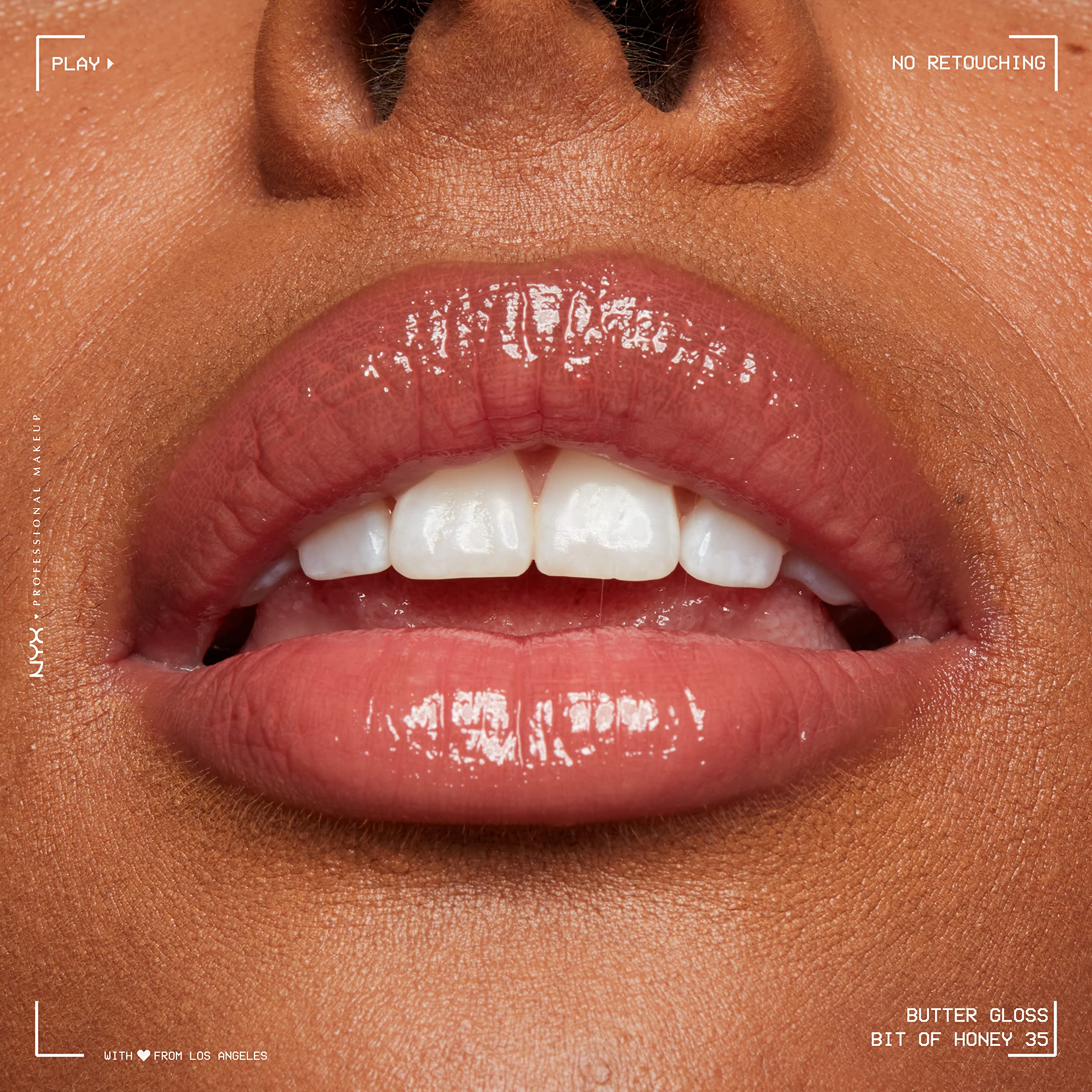 NYX Butter Gloss Peach Nude lip worn with liner for versatility