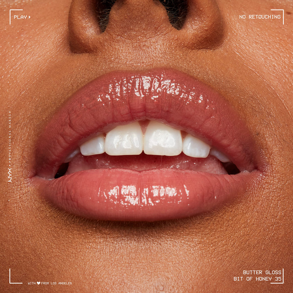 NYX Butter Gloss Peach Nude lip worn with liner for versatility
