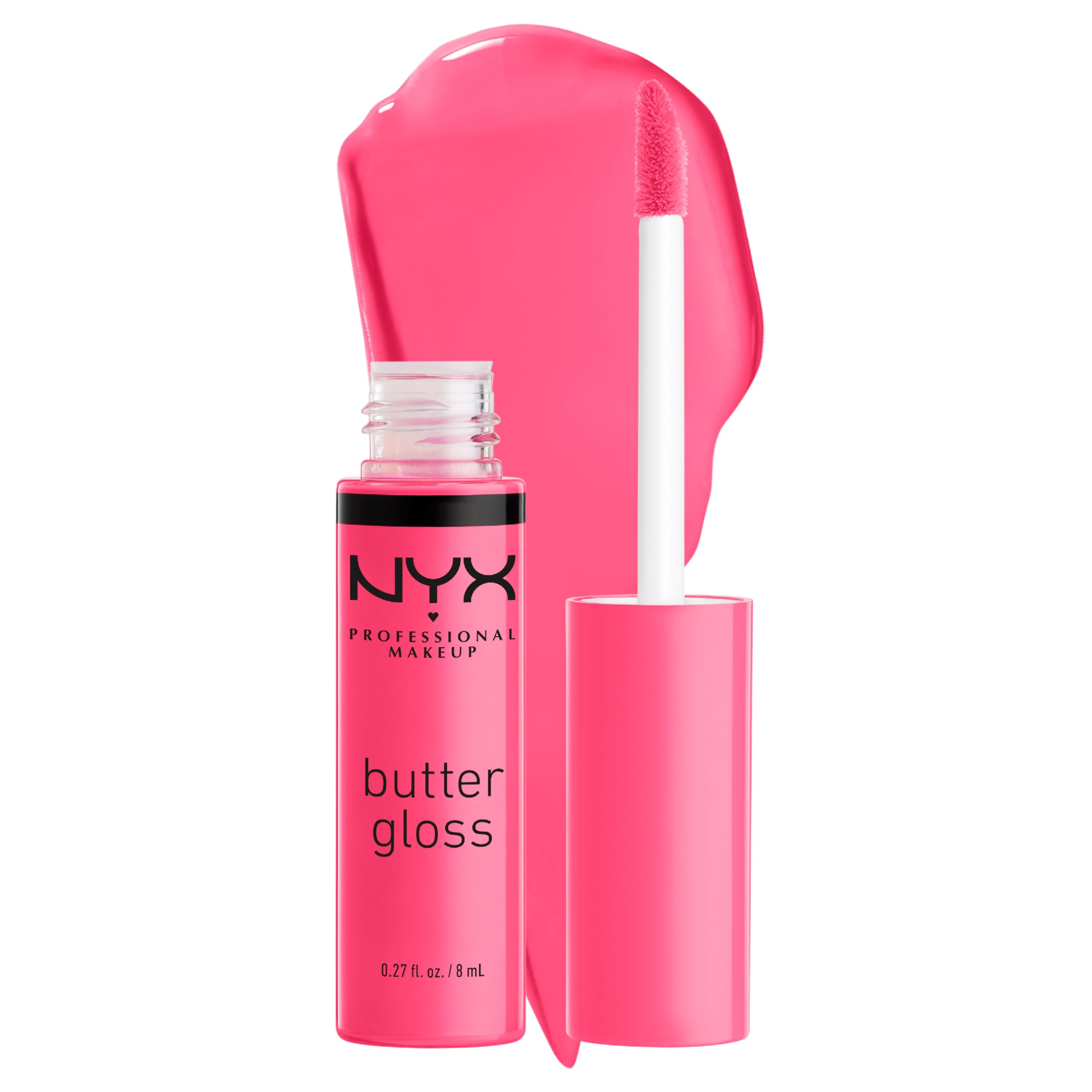 NYX Butter Gloss Peaches and Cream bottle close-up with rich, non-sticky shine for lips.