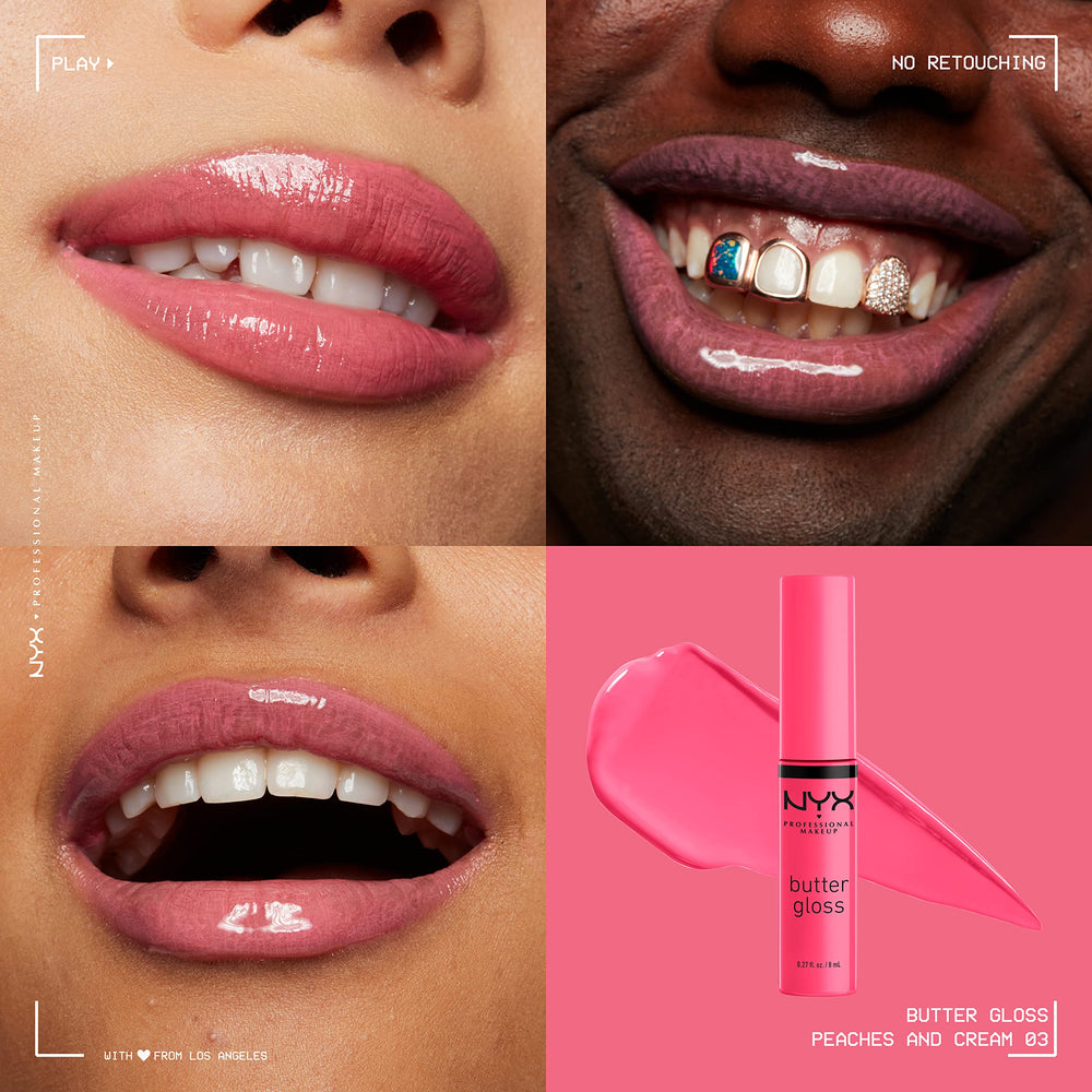 NYX Butter Gloss Peaches and Cream close-up lips with sheer to medium coverage.