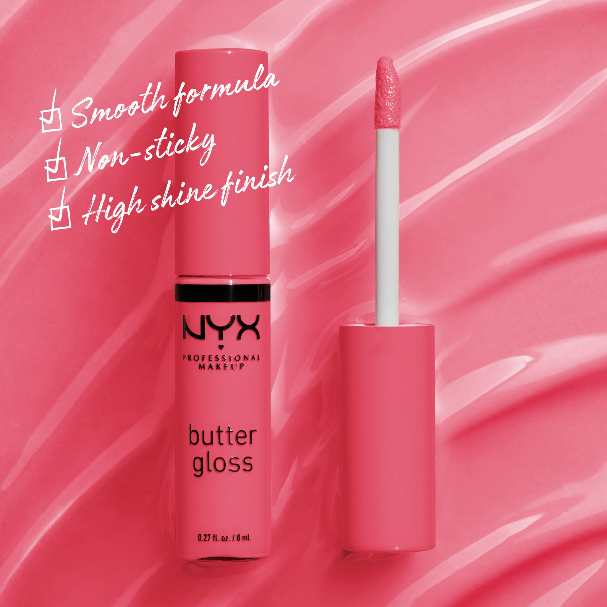 NYX Butter Gloss Peaches and Cream wand application shows smooth, easy gloss glide.