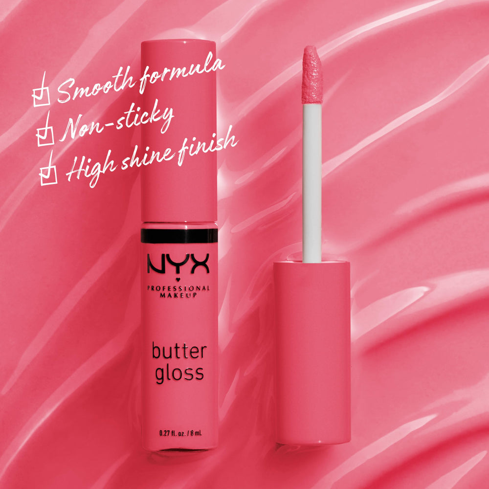 NYX Butter Gloss Peaches and Cream wand application shows smooth, easy gloss glide.