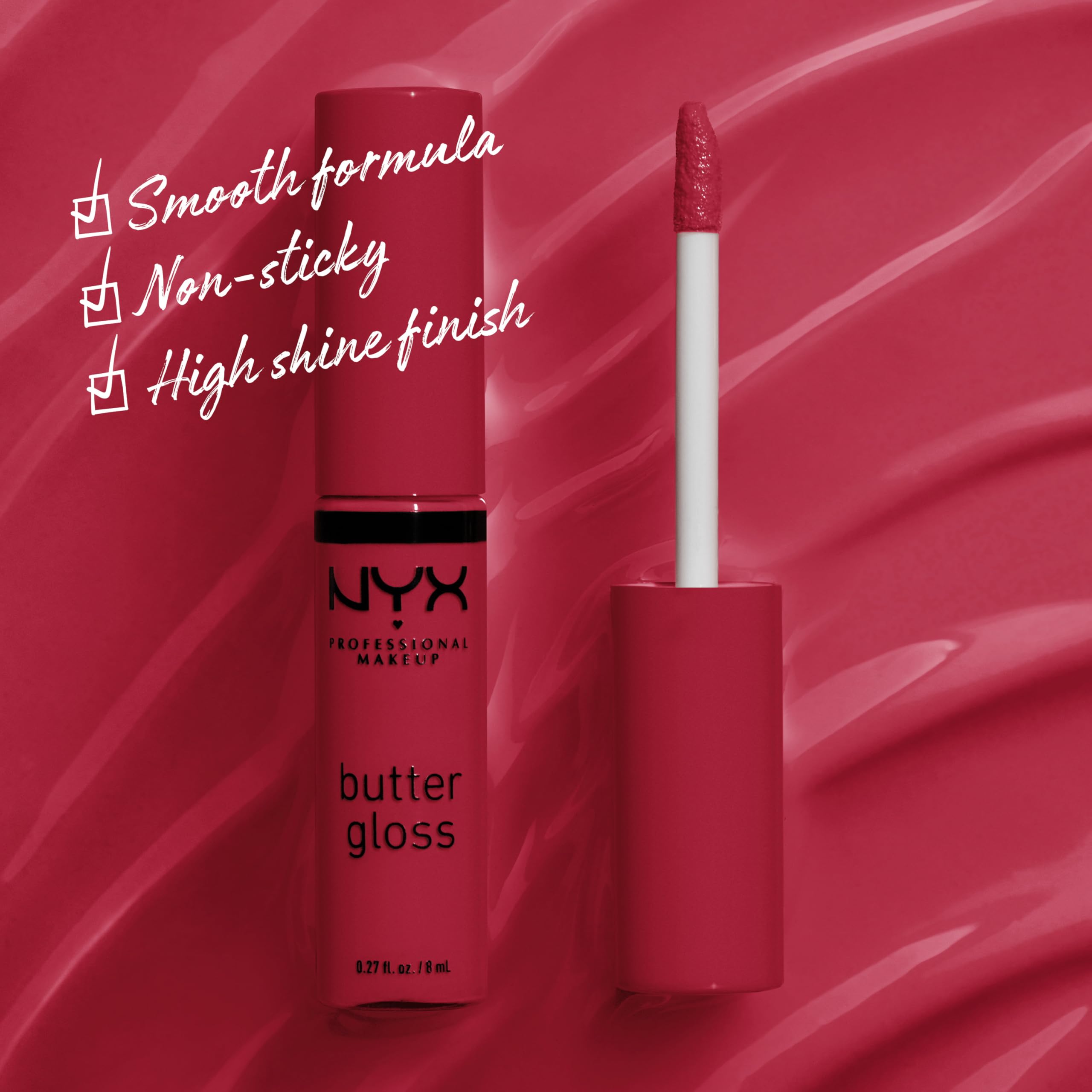 NYX Butter Gloss Red Velvet swatches reveal sheer to medium coverage for a kissable look