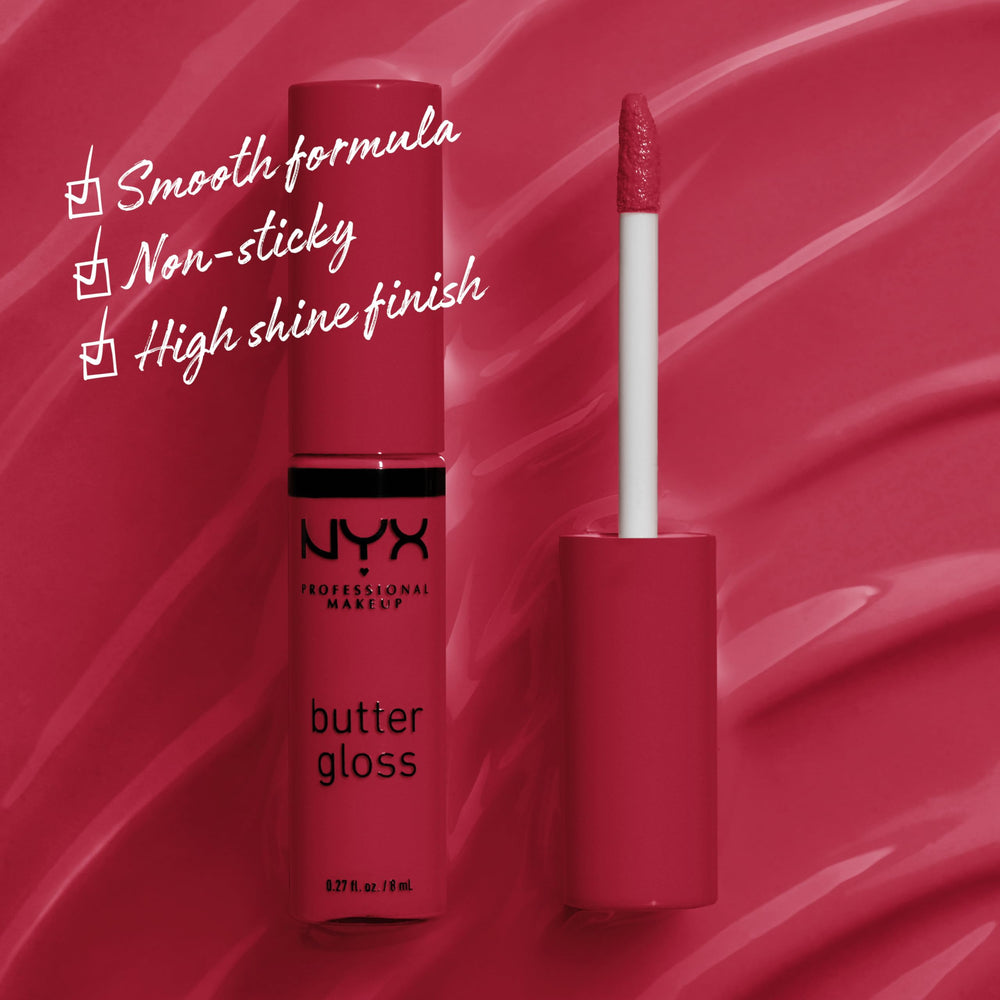 NYX Butter Gloss Red Velvet swatches reveal sheer to medium coverage for a kissable look
