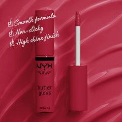 NYX Butter Gloss Red Velvet swatches reveal sheer to medium coverage for a kissable look