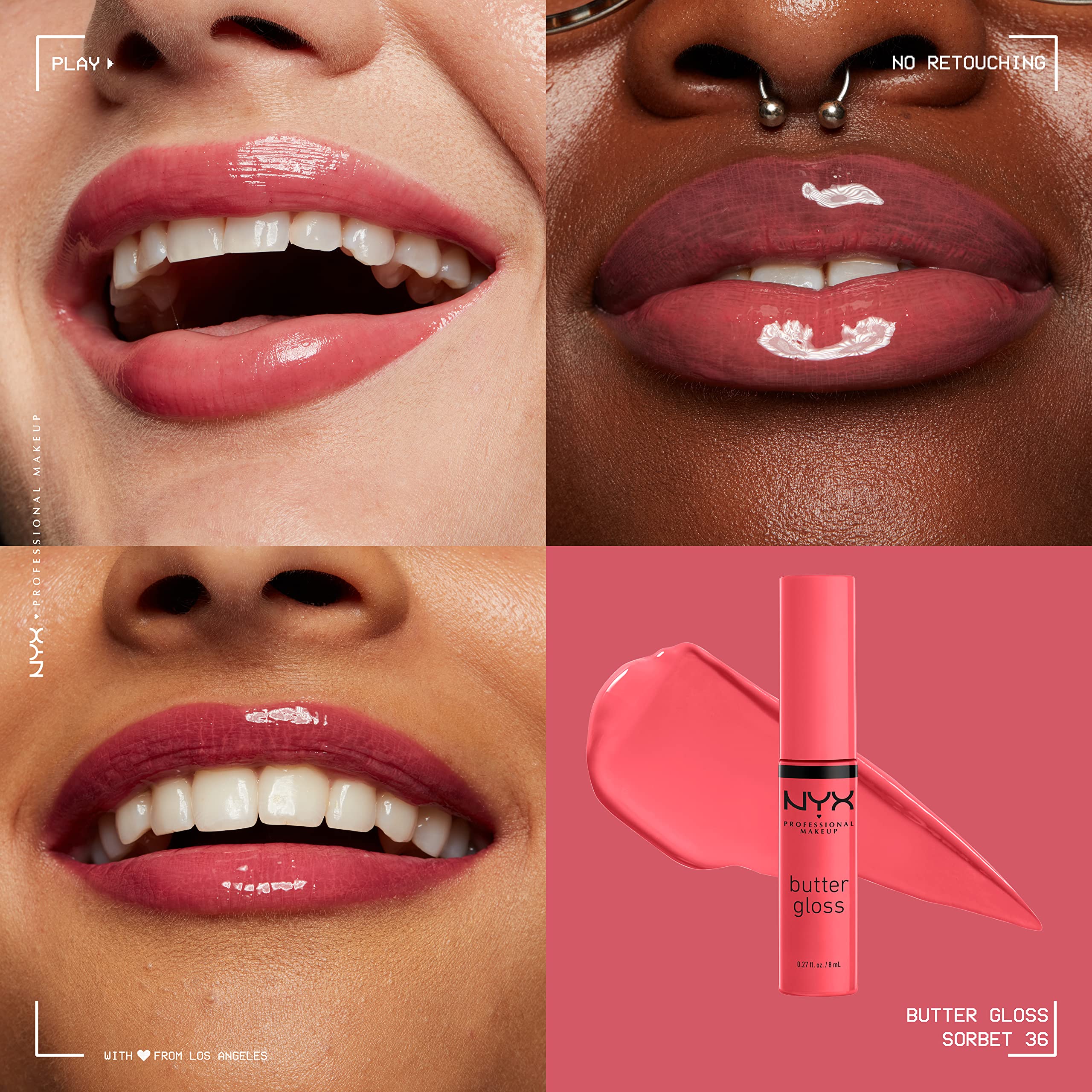 NYX Butter Gloss Sorbet on lips showing sheer to medium color and shine