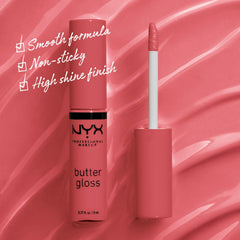 Swatch of NYX Butter Gloss Sorbet in Vibrant Coral on skin