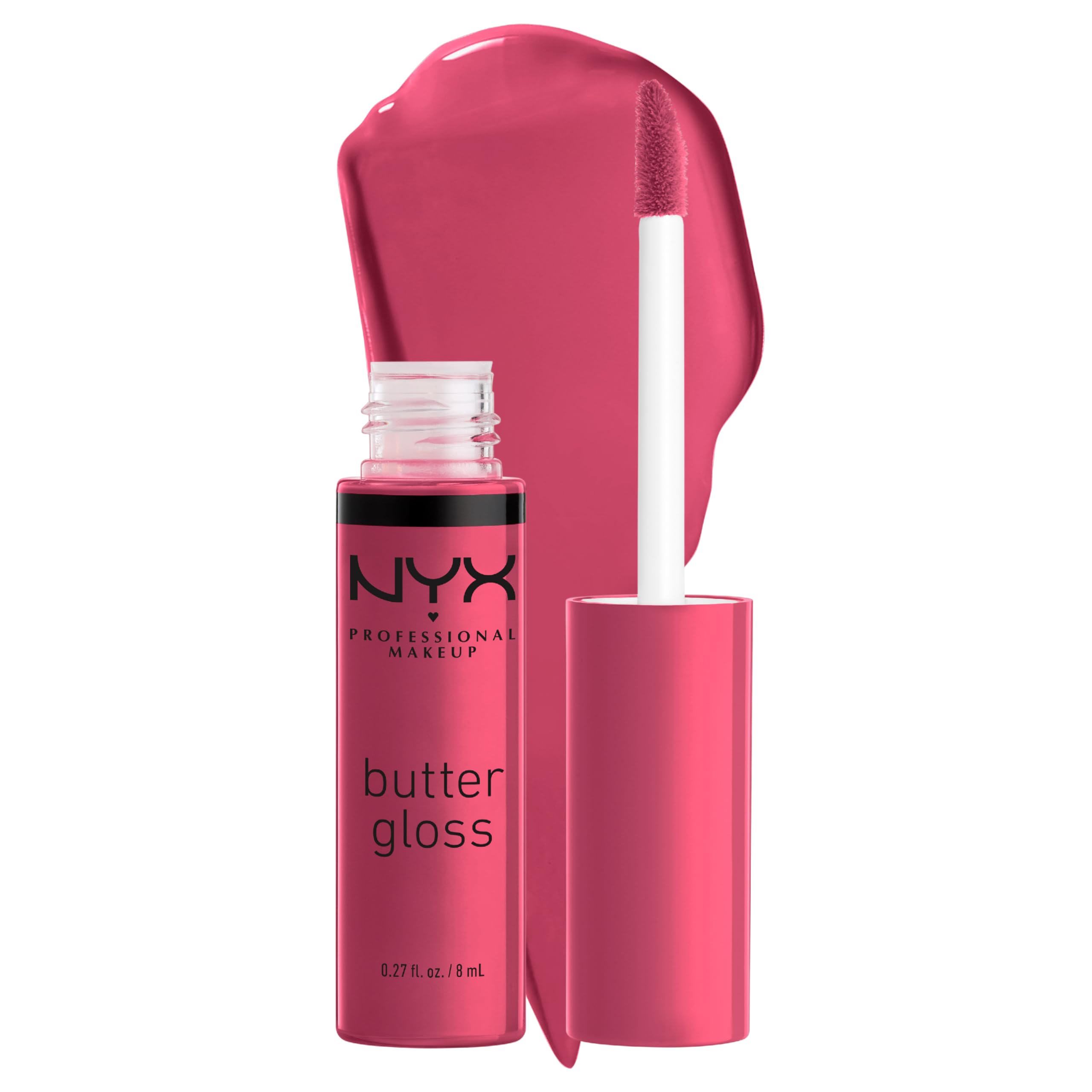 NYX Butter Gloss Strawberry Cheesecake bottle closeup shows warm pink shine