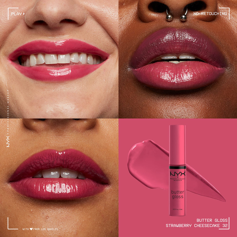 NYX Butter Gloss Strawberry Cheesecake swatches on arm show sheer to medium payoff