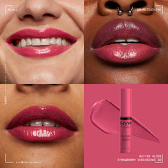NYX Butter Gloss Strawberry Cheesecake swatches on arm show sheer to medium payoff