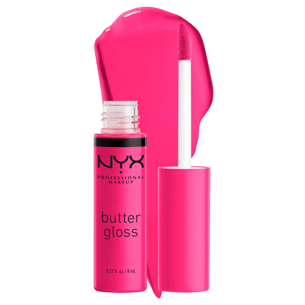 NYX Butter Gloss Summer Fruit bottle displays vibrant hot pink lip shine