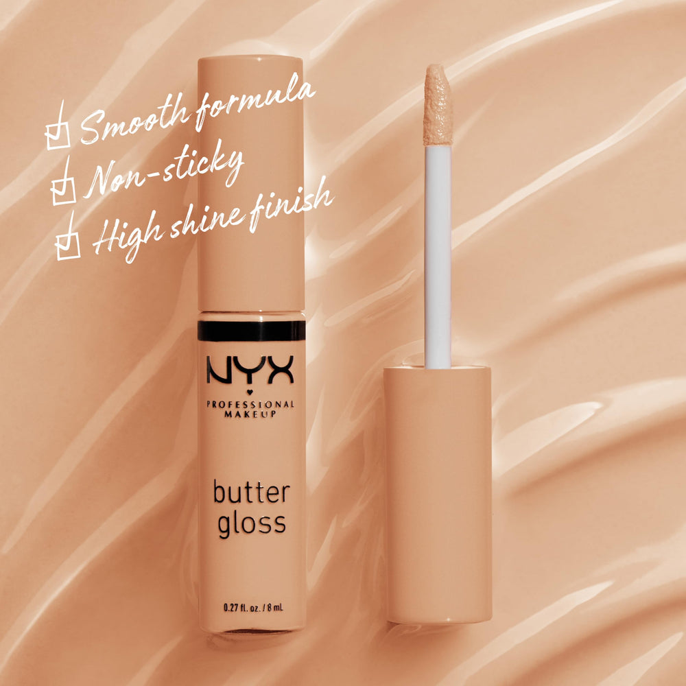 NYX Butter Gloss Fortune Cookie on lips demonstrates creamy non sticky finish for kissable lips