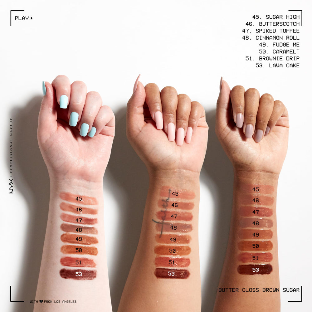 Compact display featuring NYX Butter Gloss Tiramisu brown shade name.