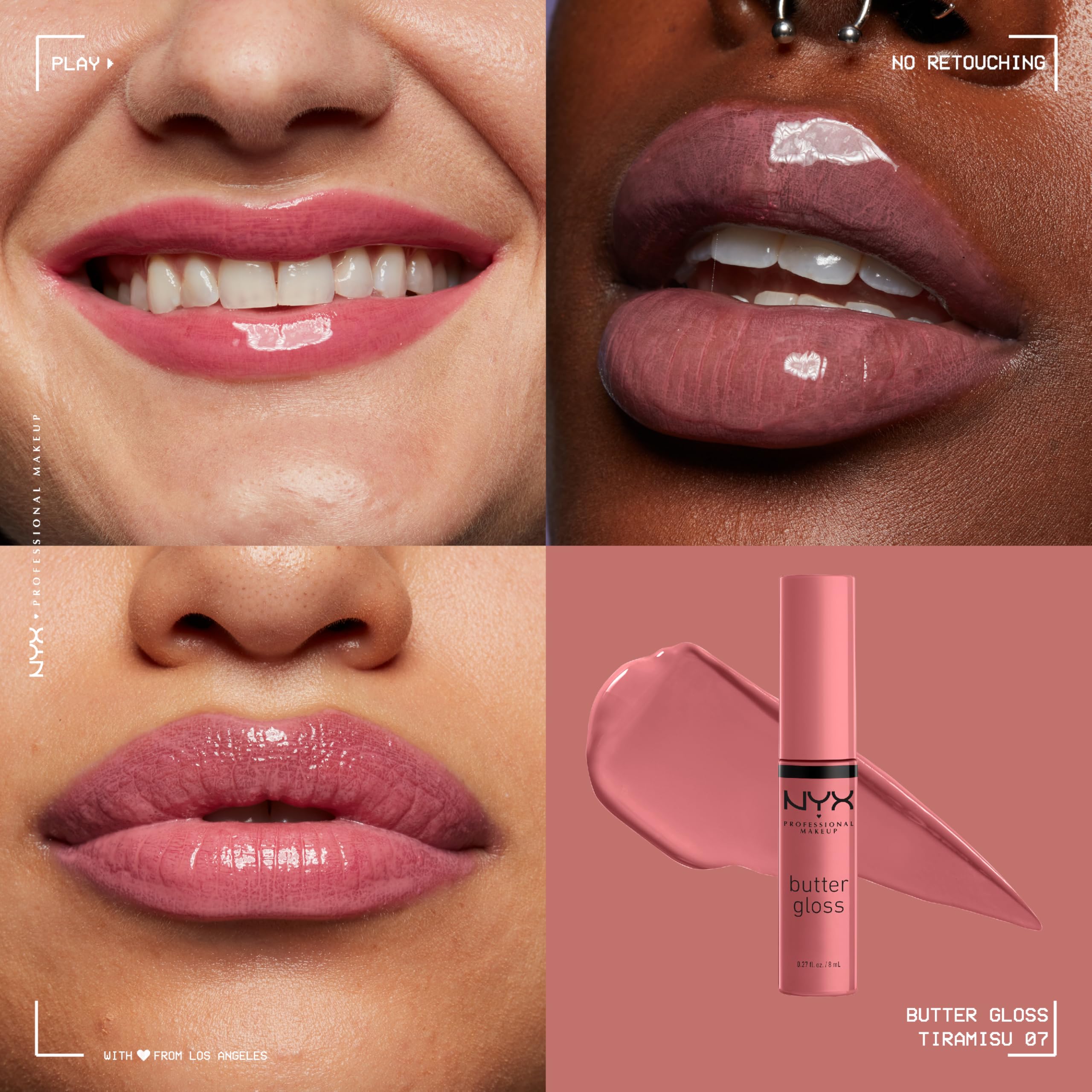 NYX Butter Gloss Tiramisu brown on lips during application for kissable moisture.