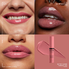 NYX Butter Gloss Tiramisu brown on lips during application for kissable moisture.