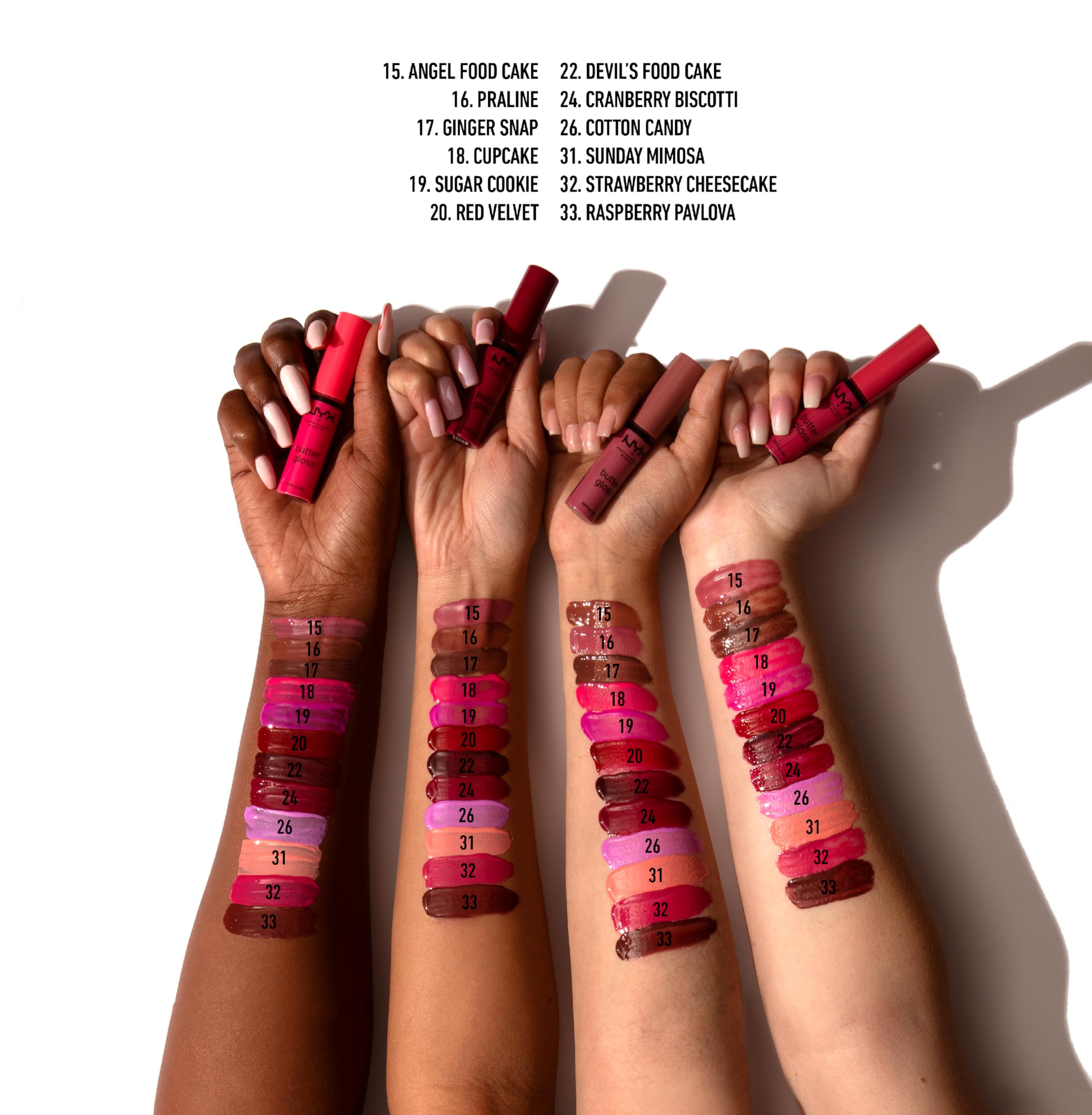 NYX Butter Gloss Tiramisu brown lip contrast against neutral backdrop.