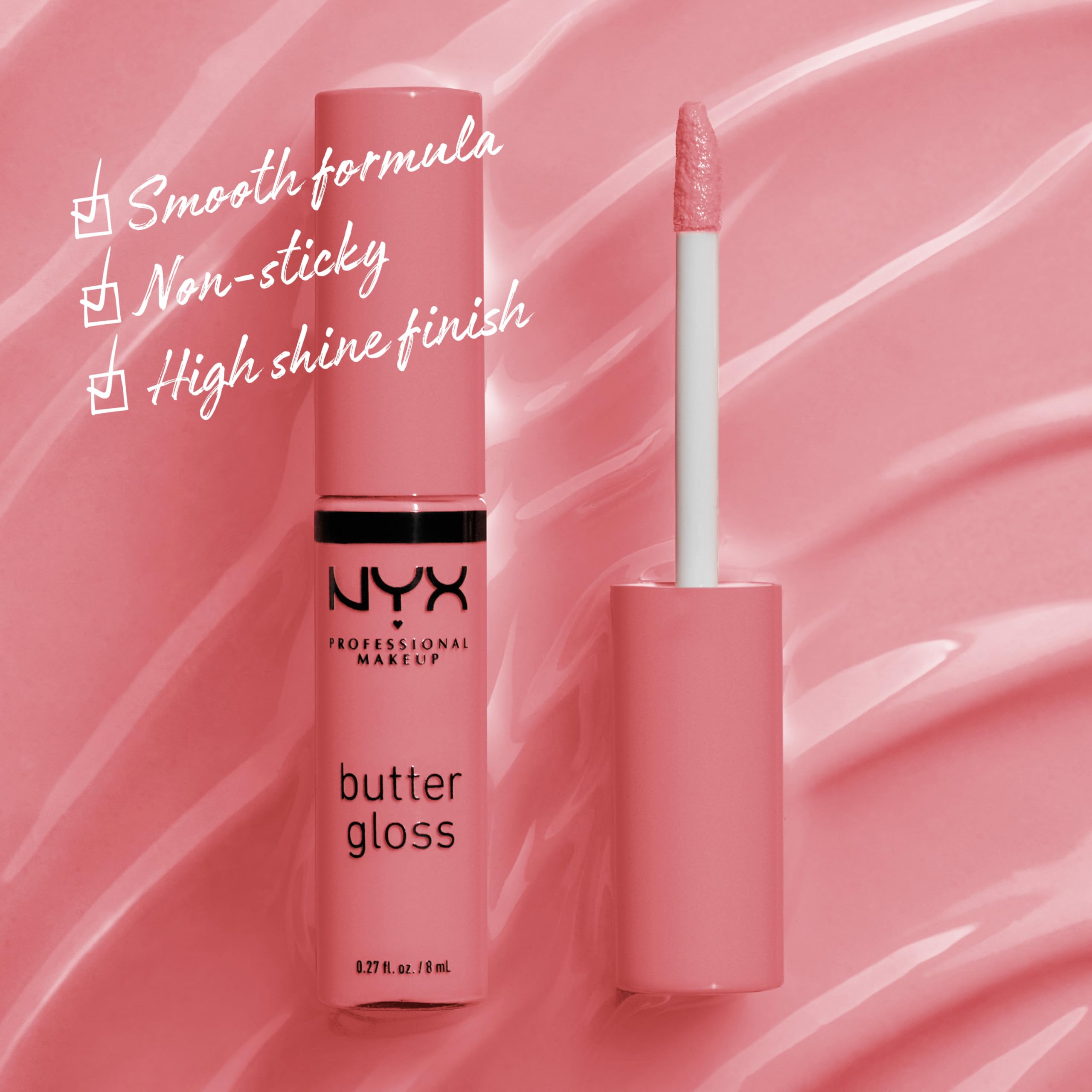 NYX Butter Gloss Tiramisu brown lip swatch showing sheer to medium coverage.