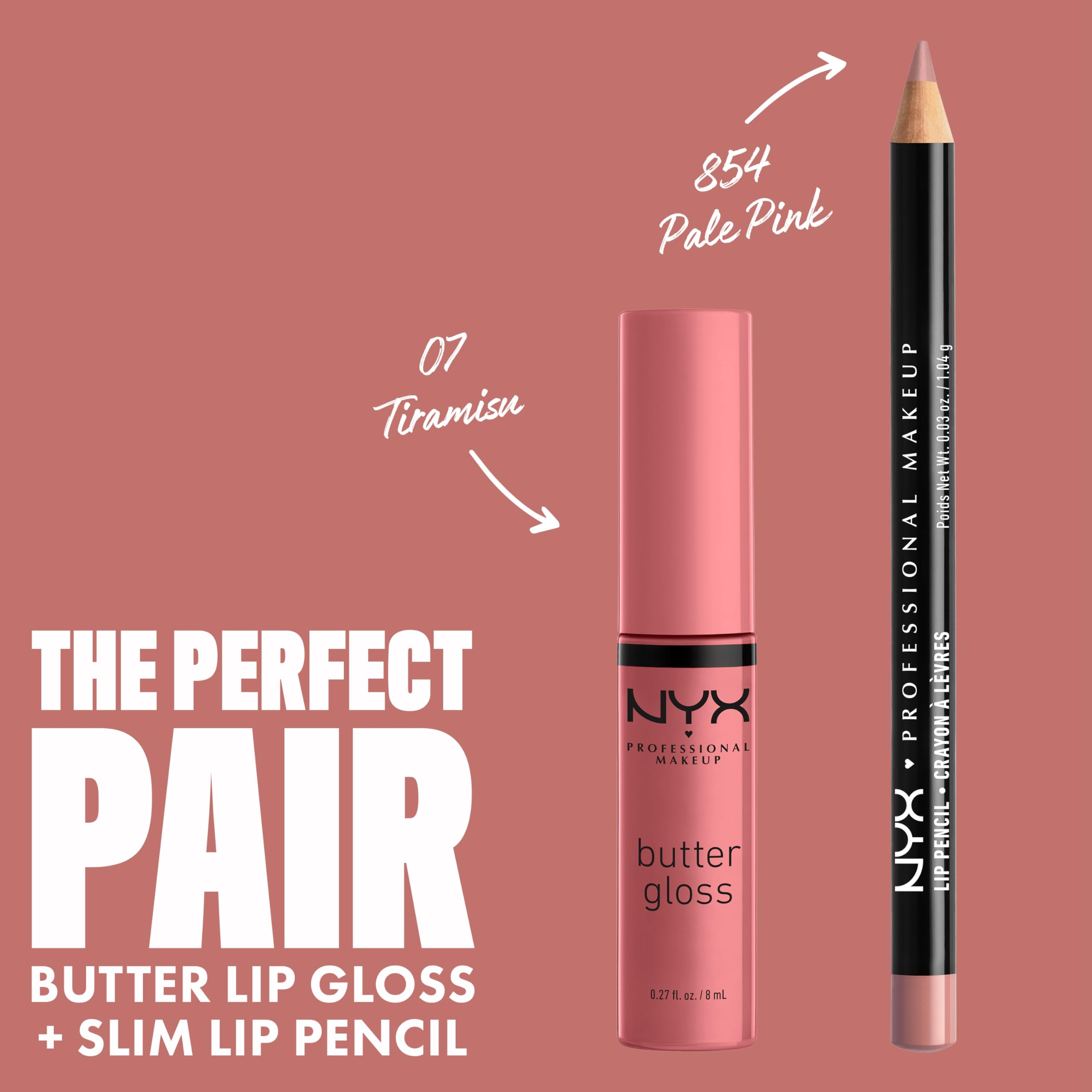 Packaging of NYX Butter Gloss Tiramisu brown displayed on clean countertop.