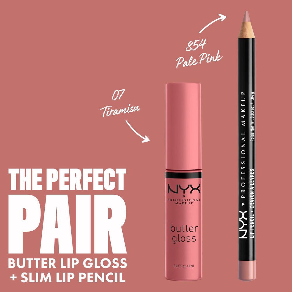 Packaging of NYX Butter Gloss Tiramisu brown displayed on clean countertop.