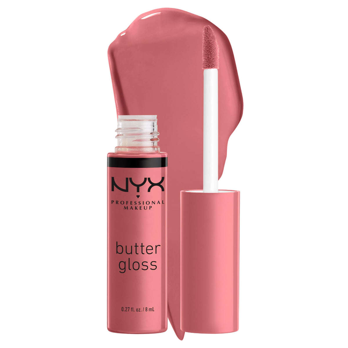 NYX Butter Gloss Tiramisu brown tube closeup with silky, non-sticky shine.