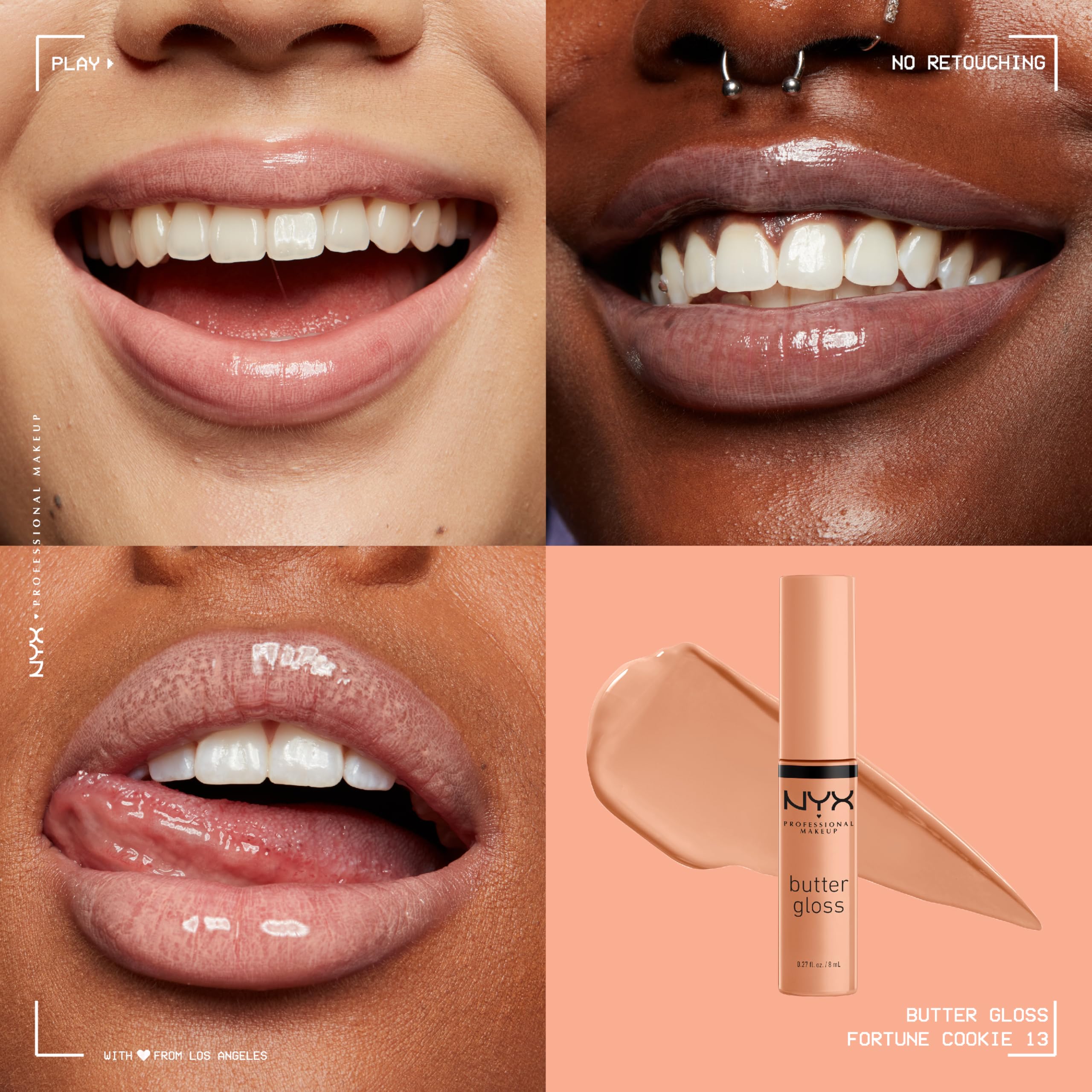 Close up wand application of NYX Butter Gloss illustrates silky texture for easy coverage