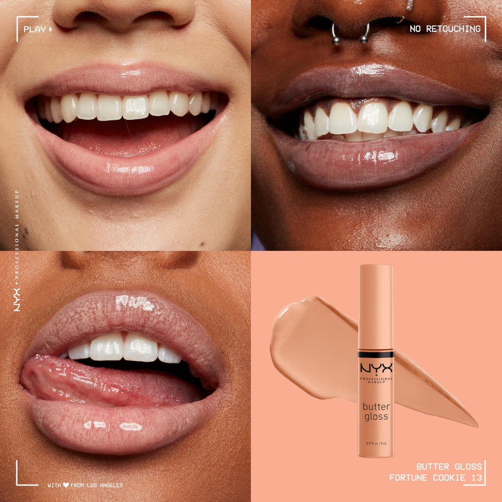 Close up wand application of NYX Butter Gloss illustrates silky texture for easy coverage