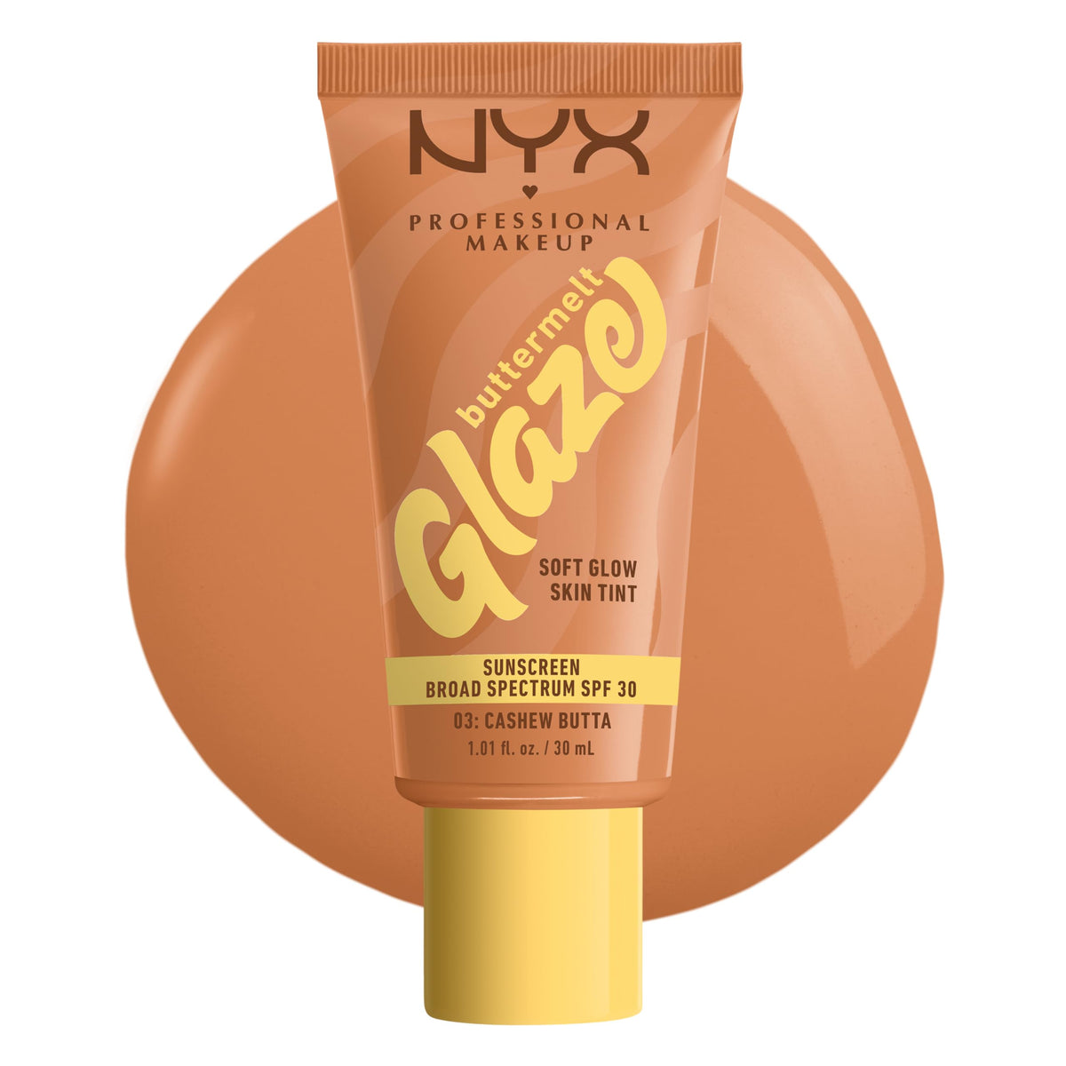 NYX Buttermelt Glaze, botella primer plano, brillo suave para piel radiante.