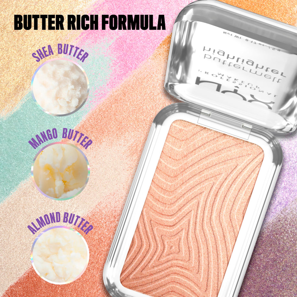 NYX Buttermelt iluminador: acabado uniforme en rostro y cuello.
