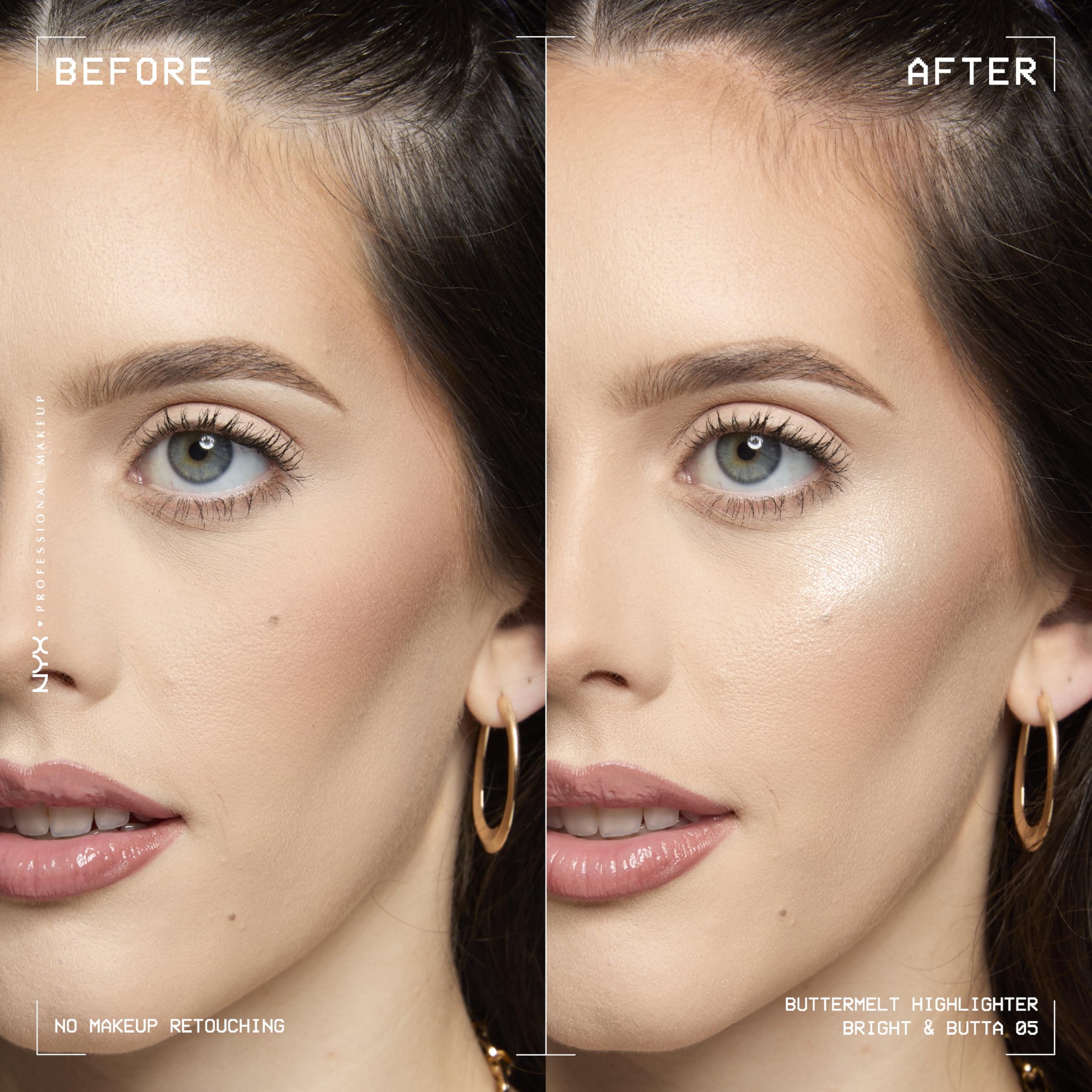 Aplicación suave de NYX Buttermelt iluminador en rostro con acabado sedoso