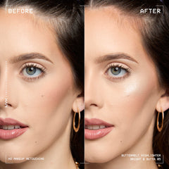 Aplicación suave de NYX Buttermelt iluminador en rostro con acabado sedoso