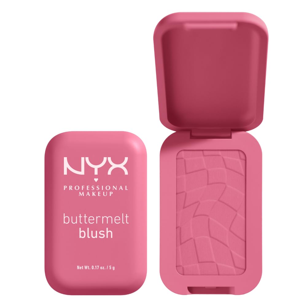 NYX Buttermelt Powder Blush tono rosa claro en piel, acabado suave.