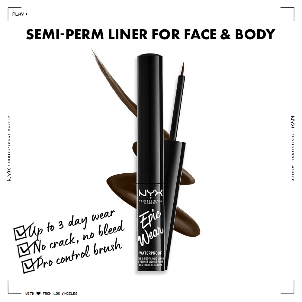 NYX Epic Wear Liquid Liner tono marrón, versátil para looks naturales o definidos.