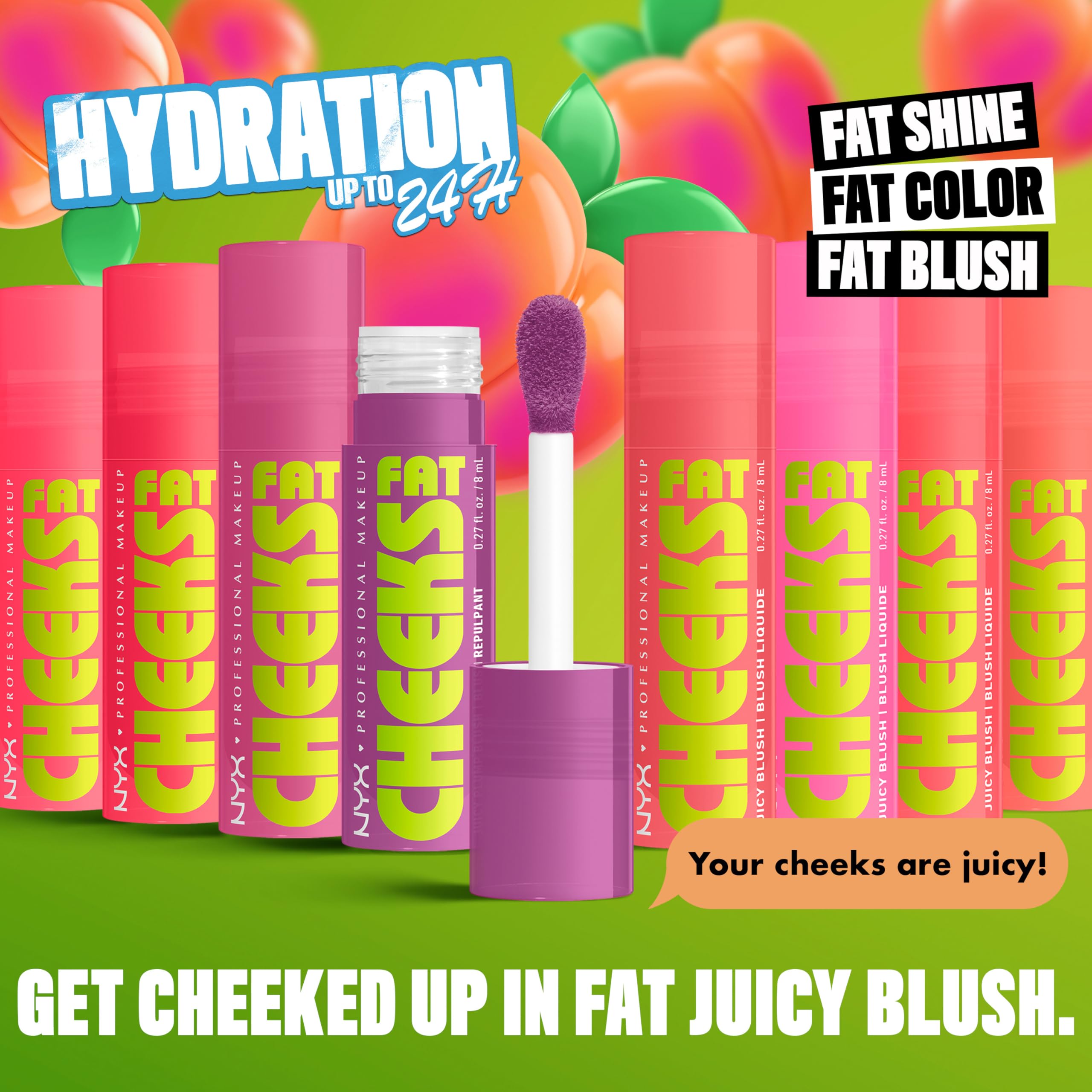 NYX Fat Cheeks Liquid Blush shows a dewy finish with buildable coverage.