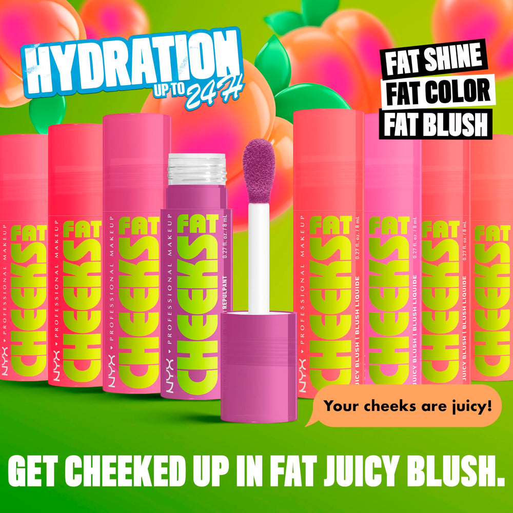 NYX Fat Cheeks Liquid Blush shows a dewy finish with buildable coverage.