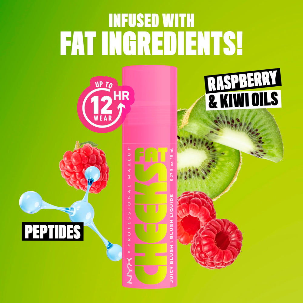 NYX Fat Cheeks Liquid Blush Raspberry Oil infusion nourishes glow.