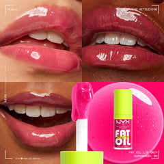 NYX Fat Oil Lip Drip swatches on lips with magenta tint.
