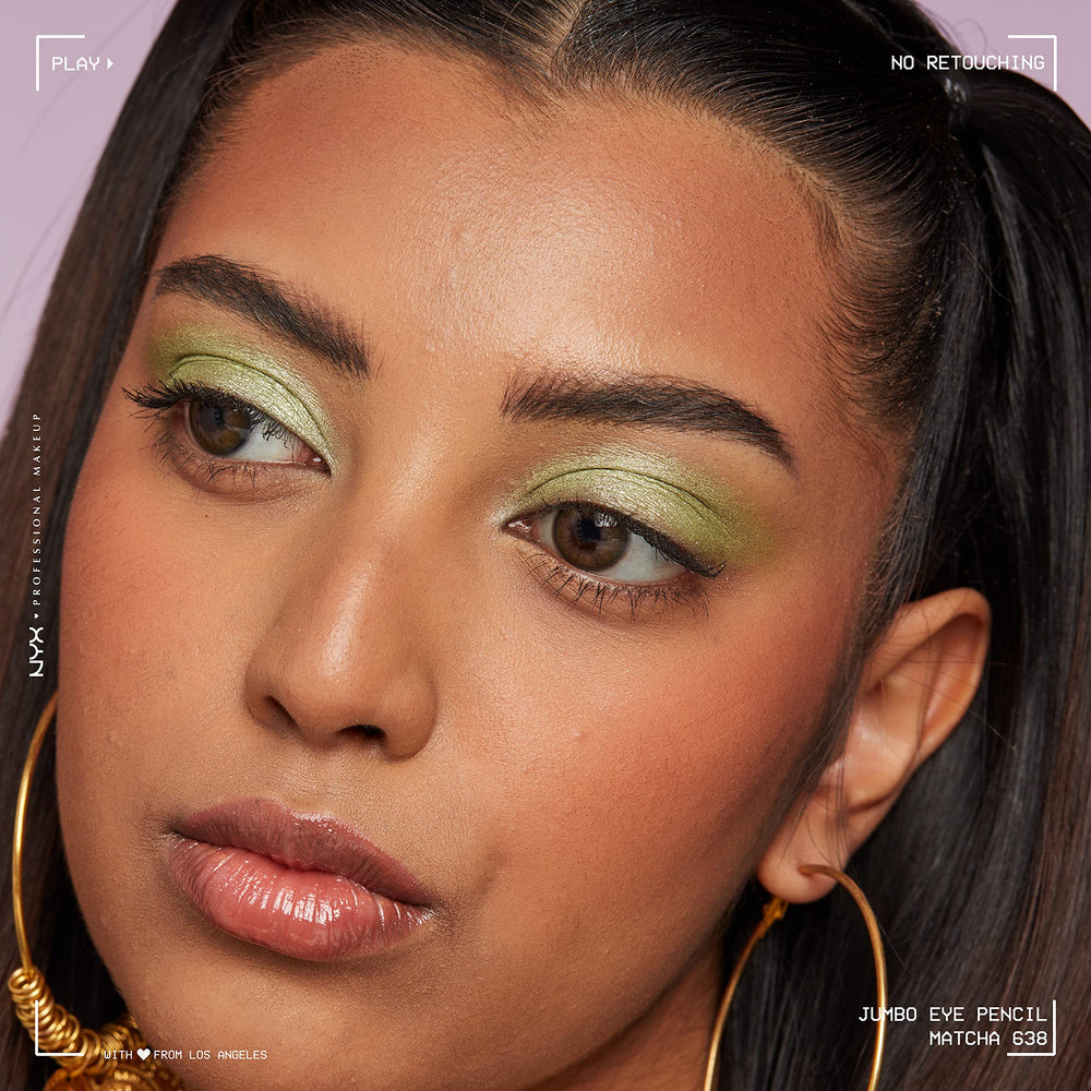 NYX Jumbo Eye Pencil Matcha swatch on arm illustrates rich pigmentation.