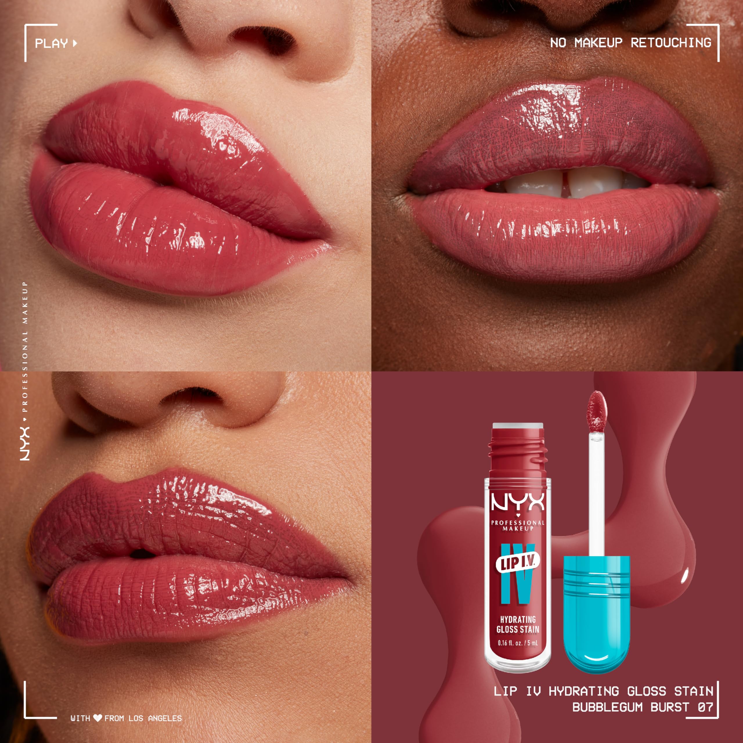NYX Lip IV, aplicación de brillo labial, color suave para aspecto natural.