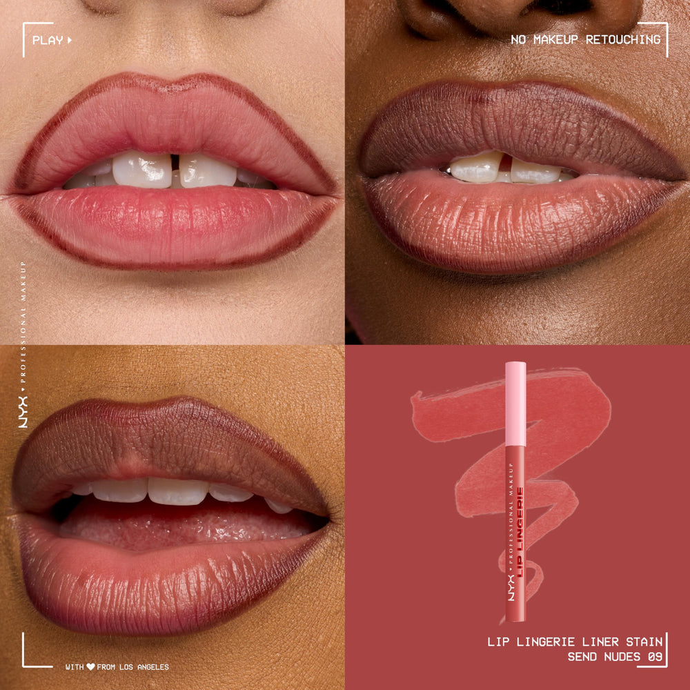 NYX Lip Lingerie Sculpting Lip Liner Stain desliza con textura seda para acabado liso.