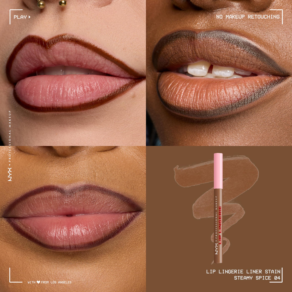 Nyx Lip Lingerie Stain Contorno en curvas: labios definidos y sin líneas visibles.