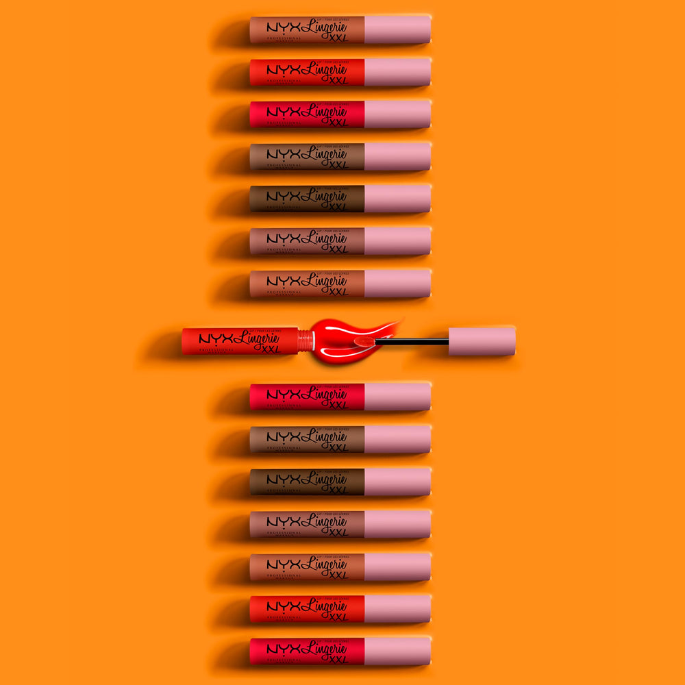 Lifestyle shot of NYX Lip Lingerie XXL Matte Untamable brick red packaging