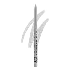 Lápiz delineador mecánico NYX plateado, apertura con giro para uso sin sacapuntas.