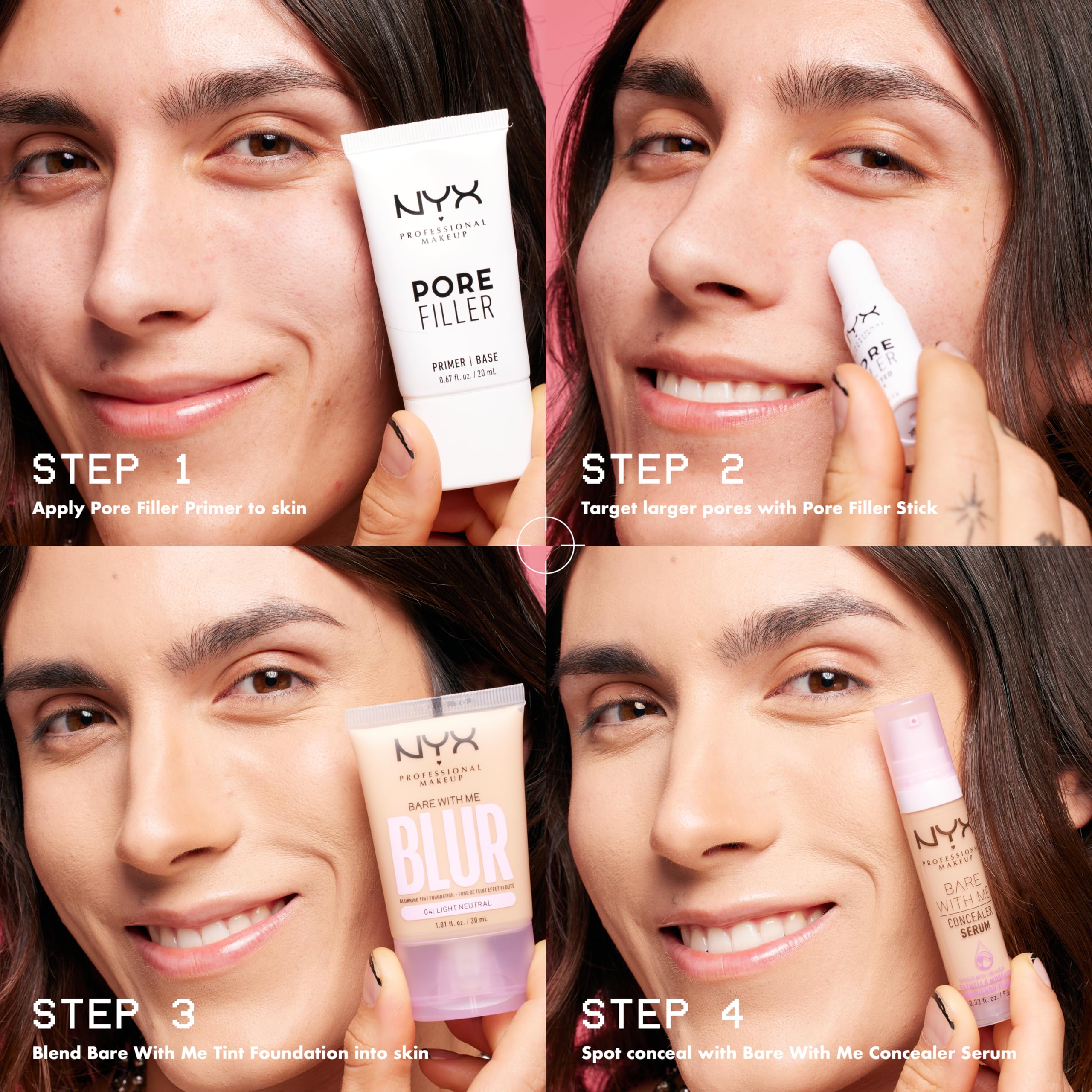 Skin close-up with NYX Pore Filler Stick reducing visibility of pores